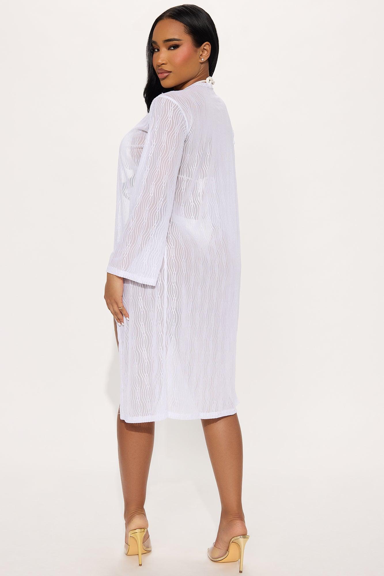 Summer Wave Textured Mesh Cover Up Kimono - White Product Image