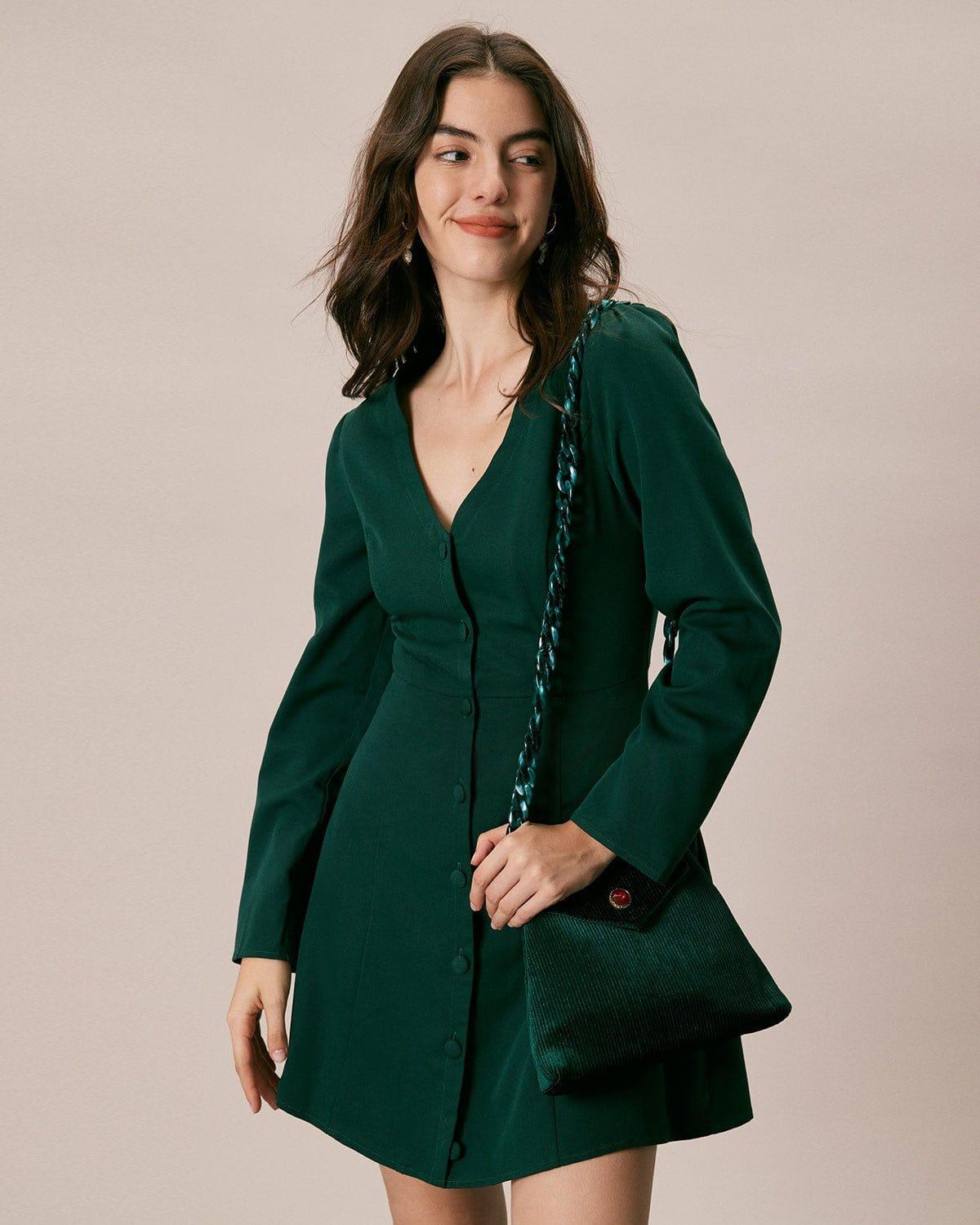 The Green V Neck Button Shirt Mini Dress Product Image