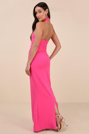 Mesmerizing Perfection Pink Halter Neck Backless Maxi Dress Product Image