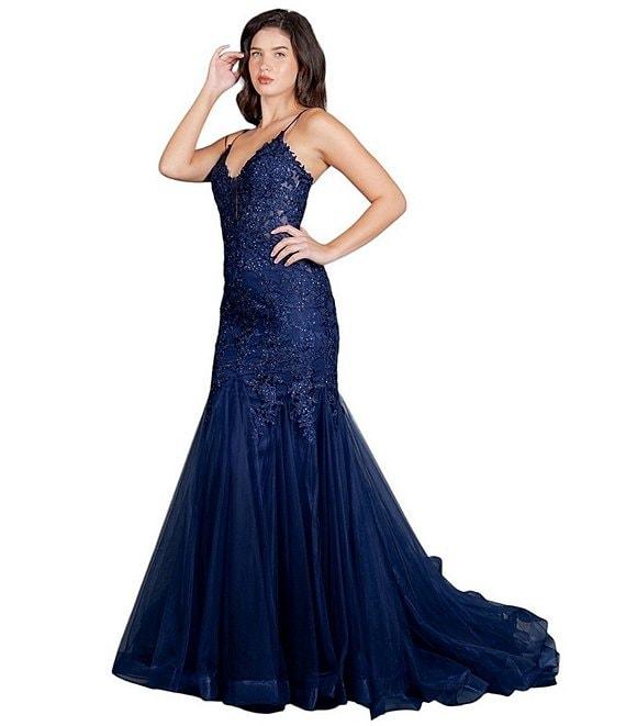 Cinderella Couture Embroidered Floral Rhinestoned Lace V-Neck Spaghetti Strap Corset Fitted Mermaid Gown Product Image