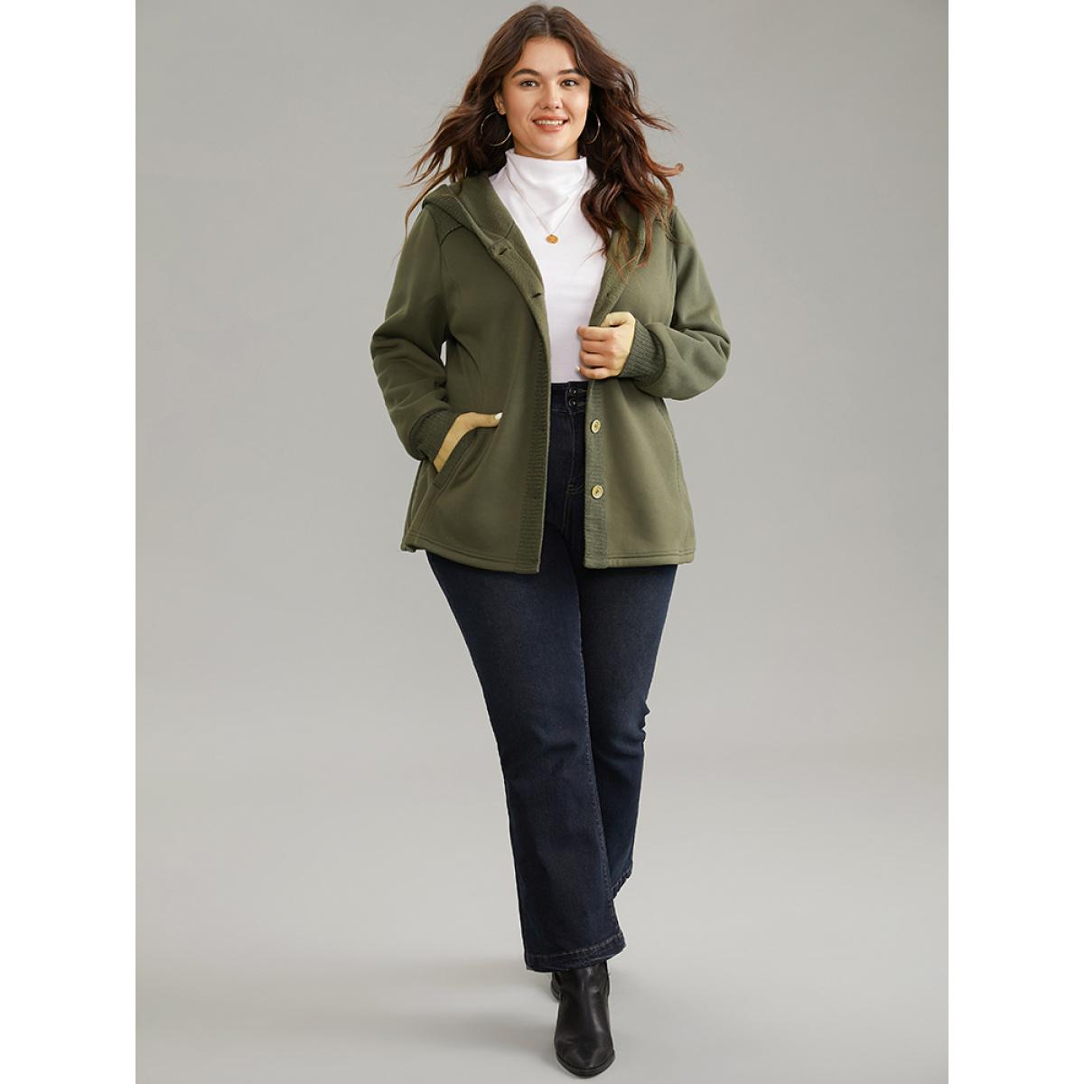Plus Size Patchwork Rib Knit Hooded Button Up Jacket Women ArmyGreen Rib Knit Pocket Dailywear Jackets BloomChic 10/M Product Image