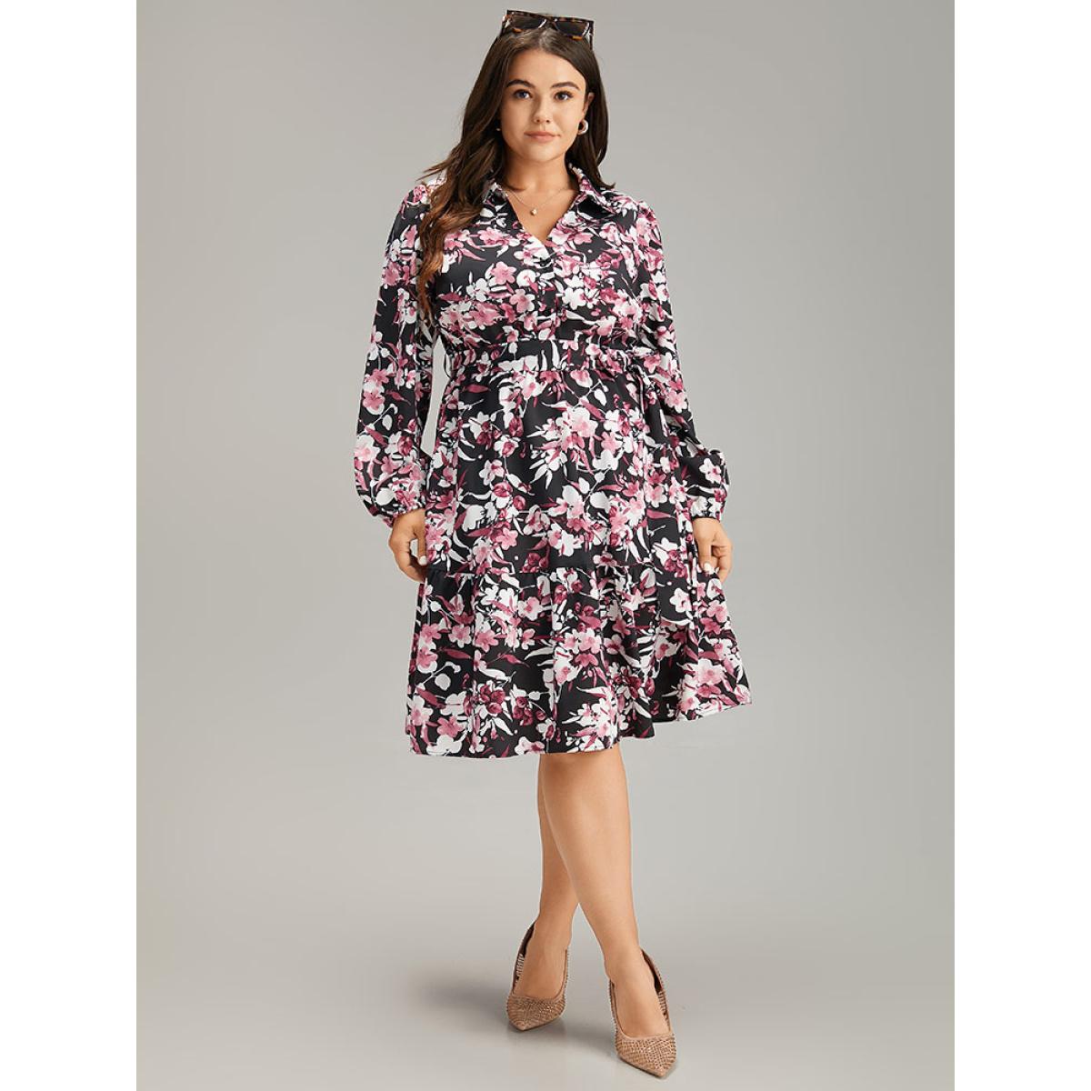 Plus Size Floral Print Belted Shirt Collar Dress Black Women Elegant Elastic cuffs V-neck Long Sleeve Curvy Knee Dress BloomChic 30/6X Product Image