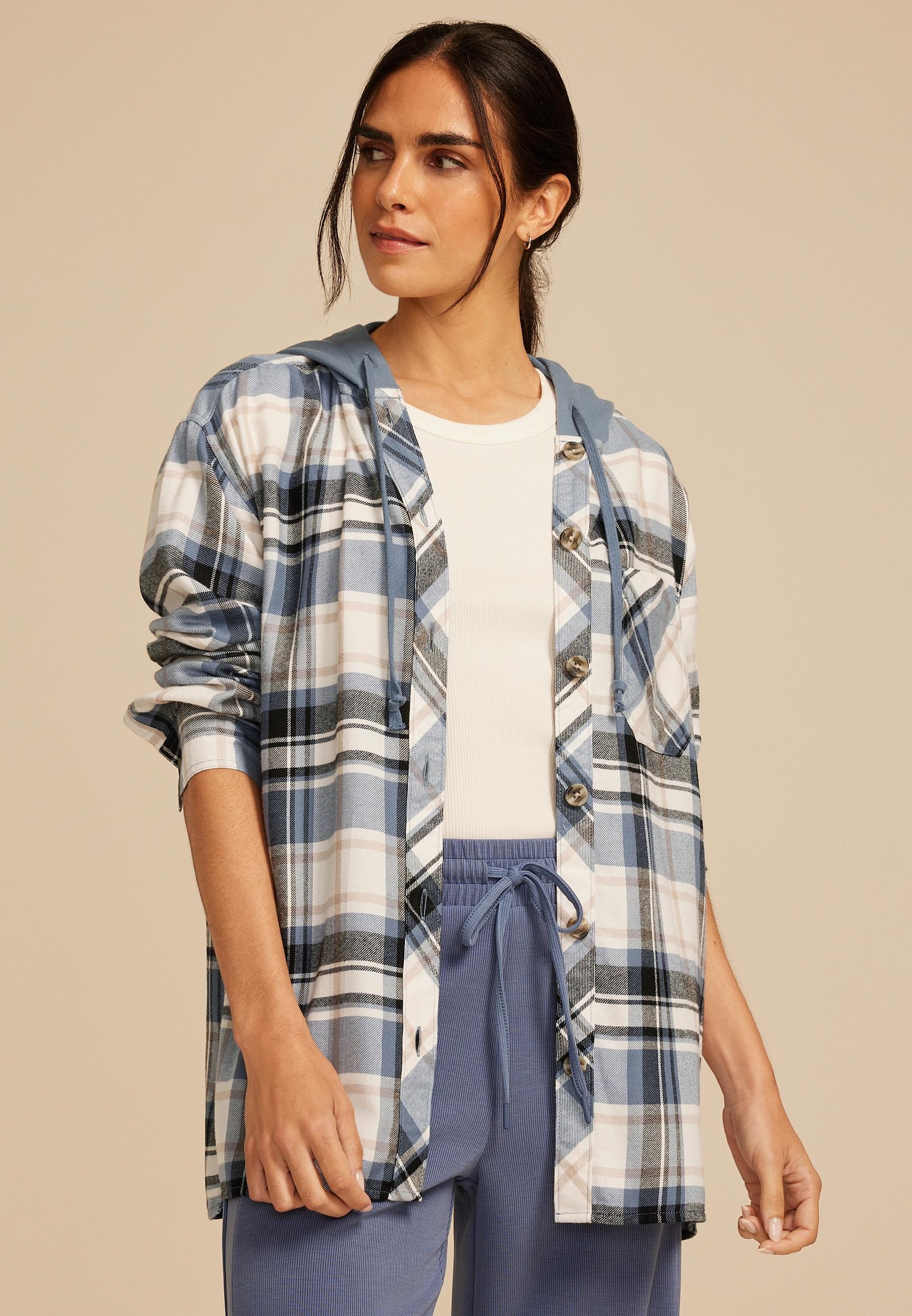 Plaid Hooded Boyfriend Button Down Shirt Product Image