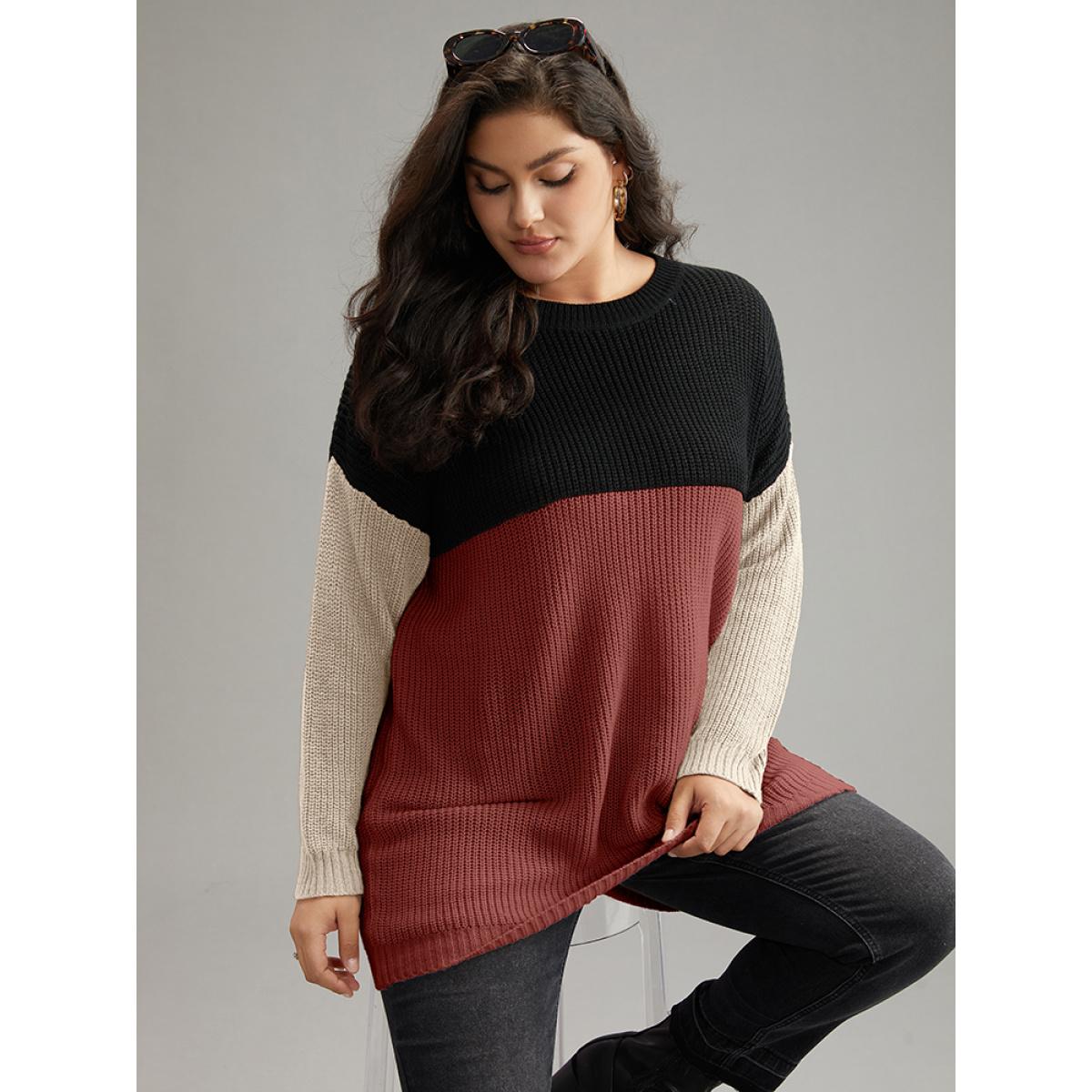 Plus Size Colorblock Contrast Crew Neck Pullover Rust Women Casual Loose Long Sleeve Round Neck Dailywear Pullovers BloomChic 28/5X Product Image