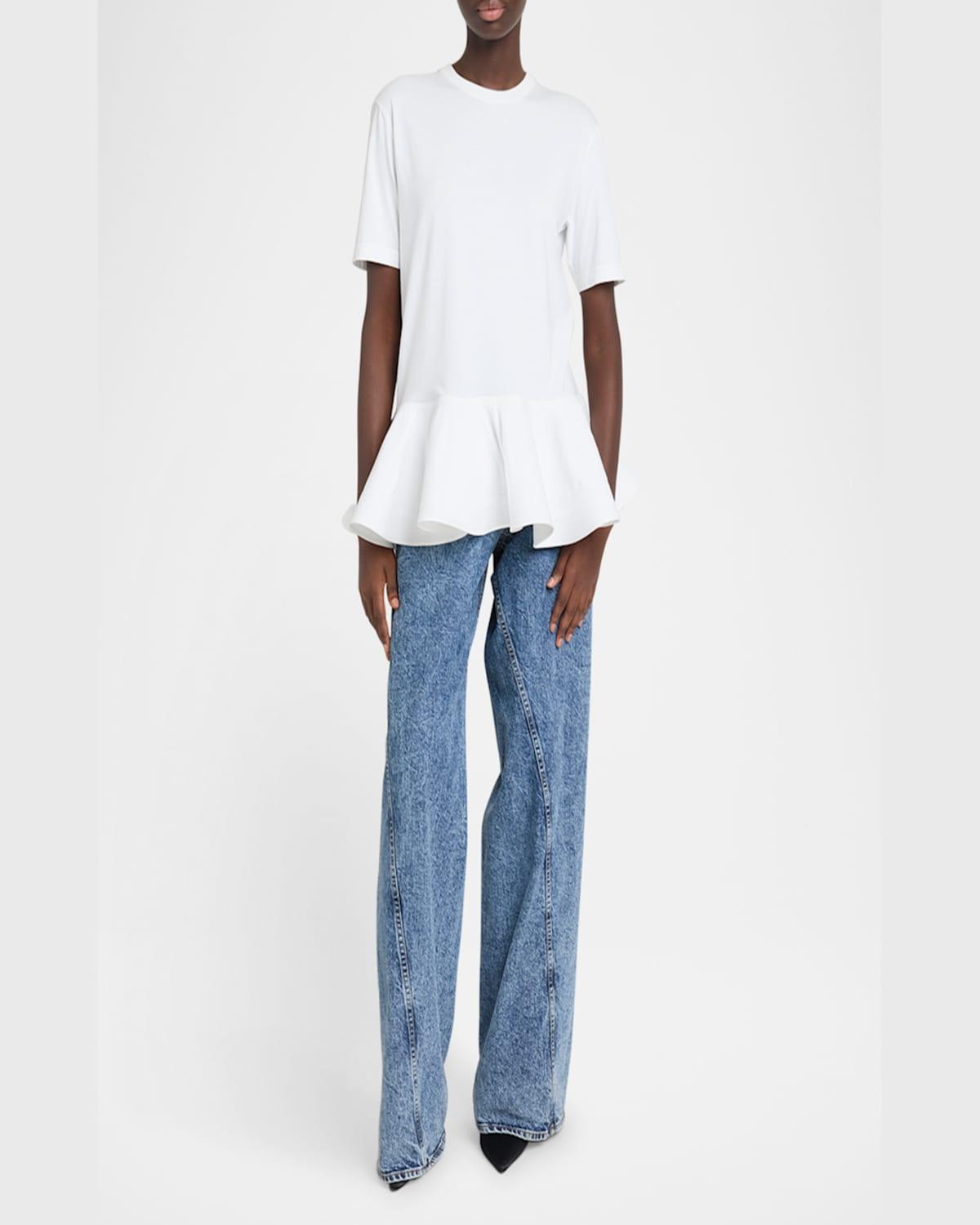 ALAÏA Oversized Poplin-trimmed Cotton-jersey Peplum T-shirt In White Product Image