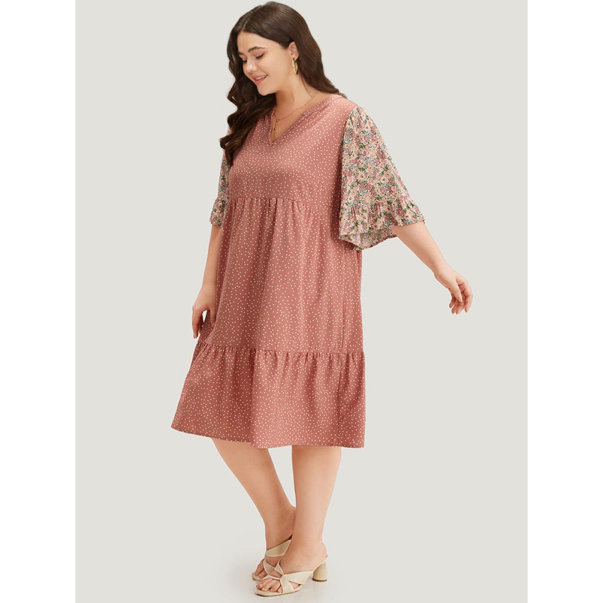 Plus Size Polka Dot & Ditsy Floral Print Notched Flutter Dress Rouge Women Elegant Printed Notched collar Half Sleeve Curvy Midi Dress BloomChic 22-24/3X Product Image