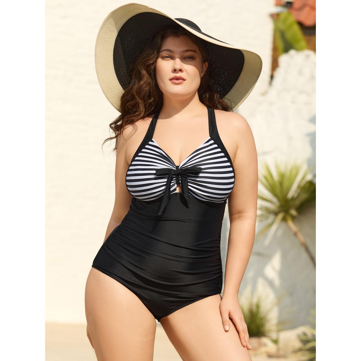 Plus Size Striped Adjustable Bust-Tie One-Piece Swimsuit Women's Swimwear Black Beach Tie knot Curve Bathing Suits High stretch One Pieces BloomChic 14-16/1X Product Image