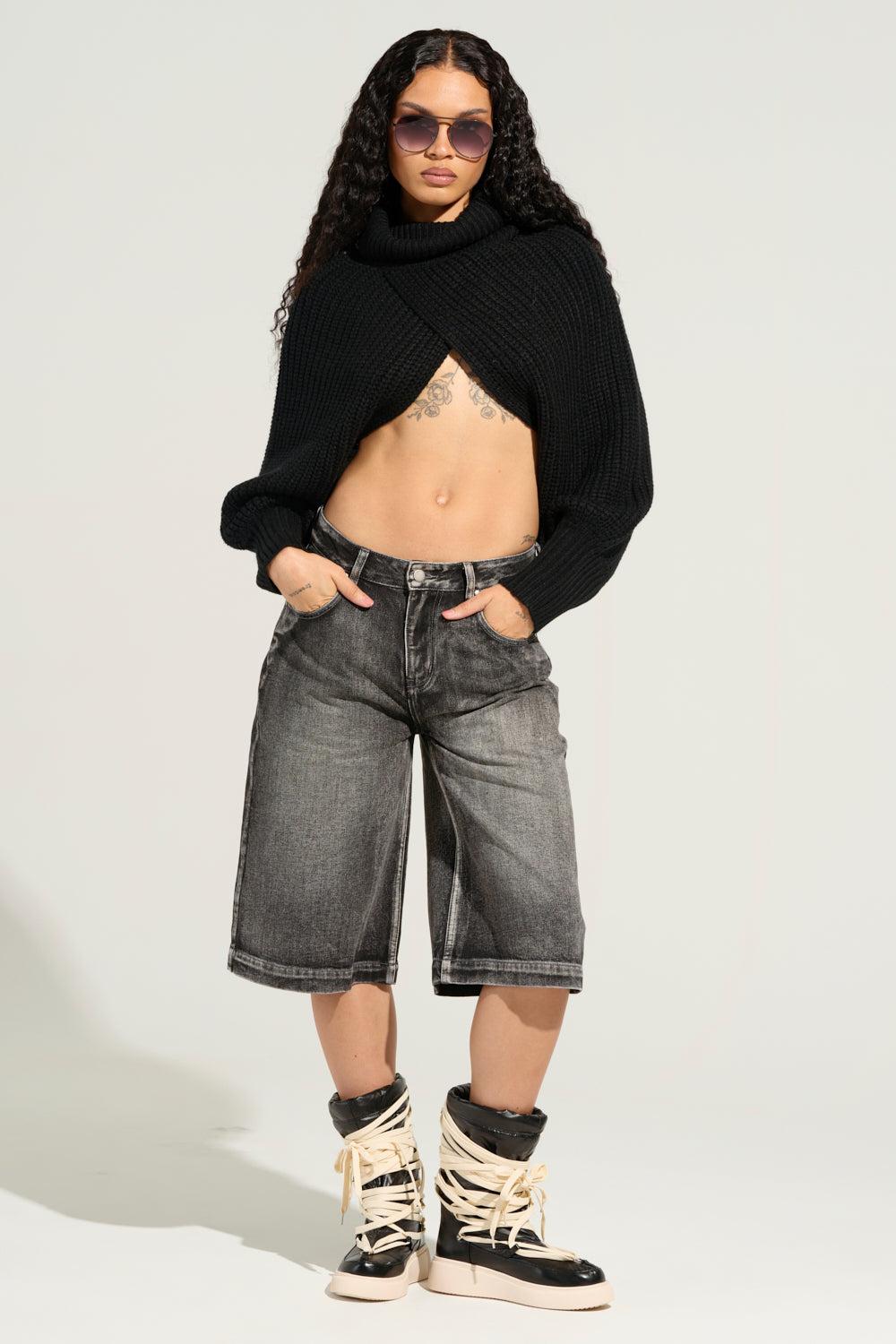 LITERAL PERFECTION BLACK DENIM BERMUDA SHORTS Product Image