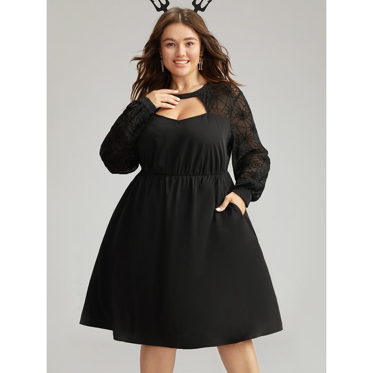 Plus Size Anti-Wrinkle Halloween Keyhole Mesh Pocket Dress Black Women Elegant See through Round Neck Long Sleeve Curvy Knee Dress BloomChic 14-16/1X Product Image
