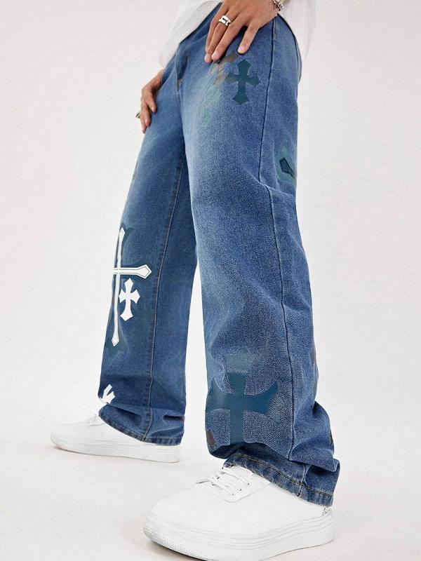 Men's Clashing Cross Print Loose Jeans Product Image