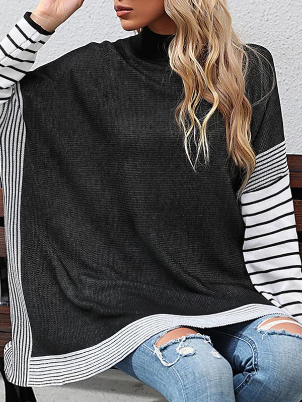 Long Sleeves Loose Contrast Color Striped Mock Neck Pullovers Sweater Tops Product Image