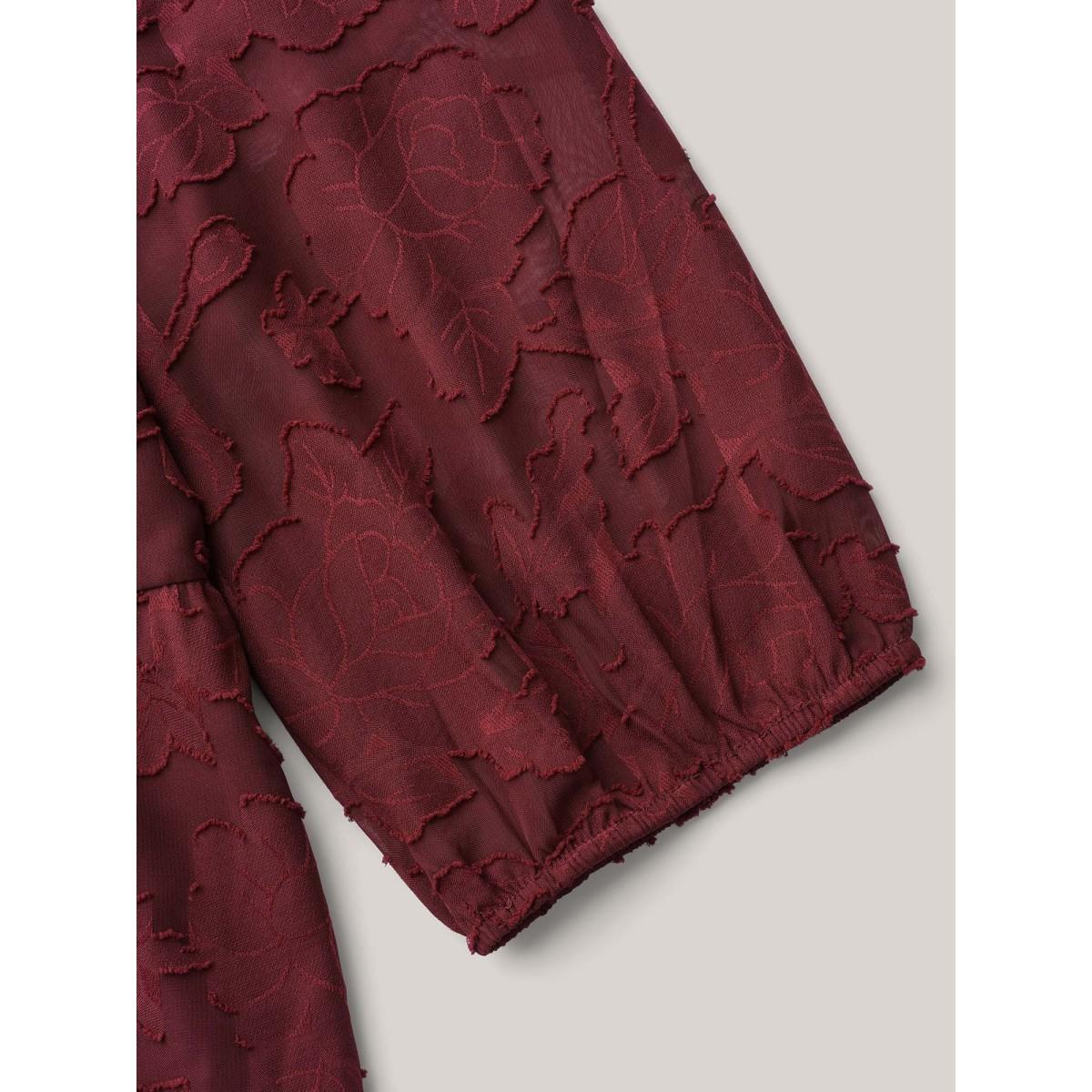 Plus Size Burgundy Sweetheart Neckline Jacquard Layered Blouse Women Elegant Elbow-length sleeve Heart neckline Everyday Blouses BloomChic 18-20/2X Product Image