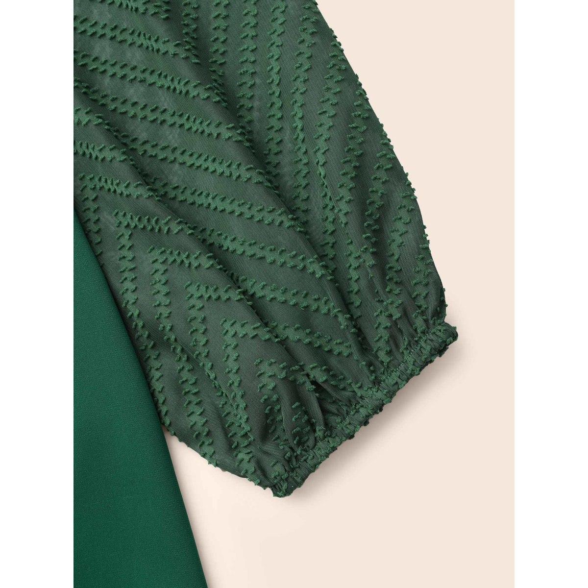 Plus Size DarkGreen Solid Textured Notched Collar Pleated Blouse Women Elegant Long Sleeve Flat collar with V-notch Everyday Blouses BloomChic 26/4X Product Image