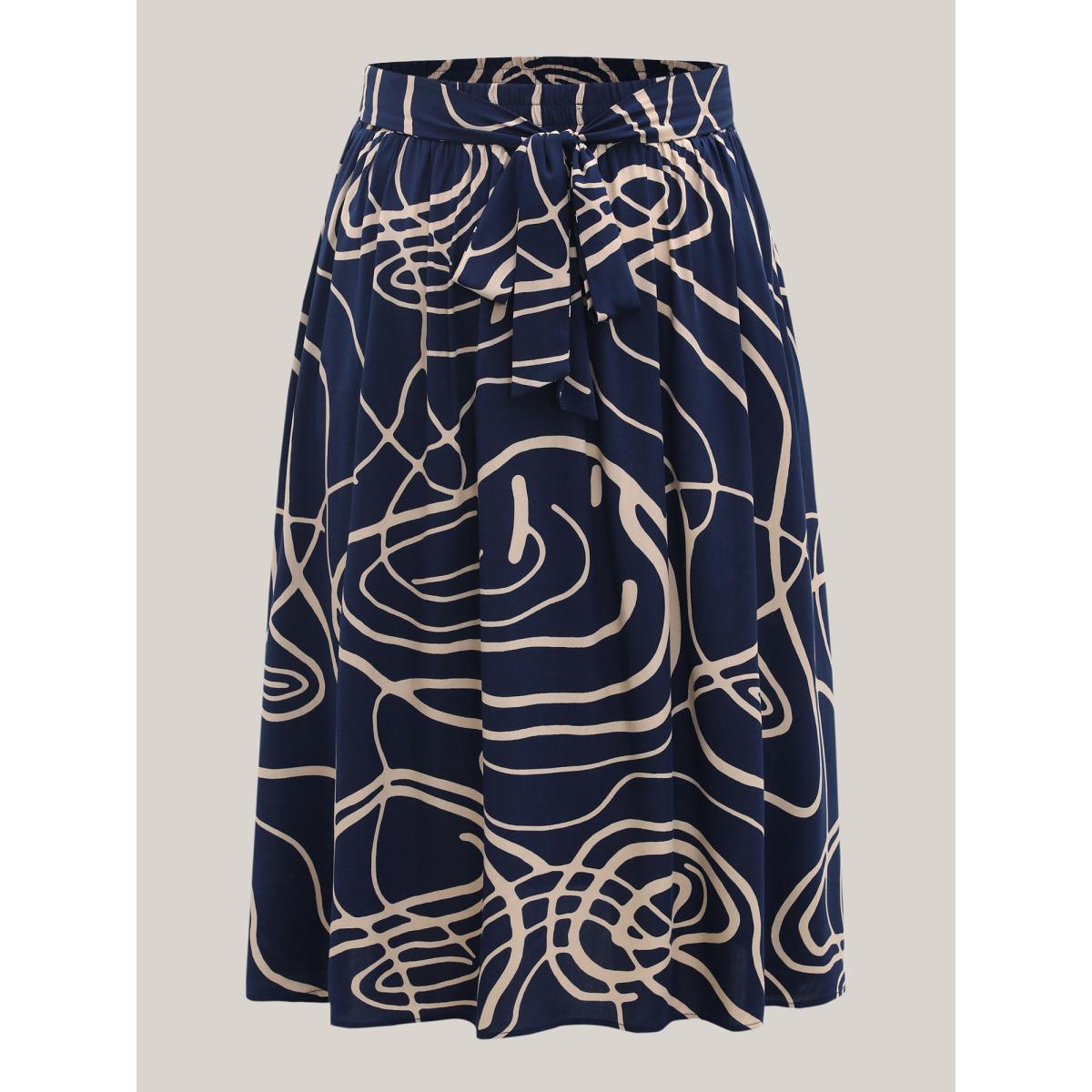 Plus Size Abstract Print Waist-Tie Midi Skirt Women DarkBlue At the Office Low stretch Slanted pocket Work Skirts BloomChic 12/L Product Image
