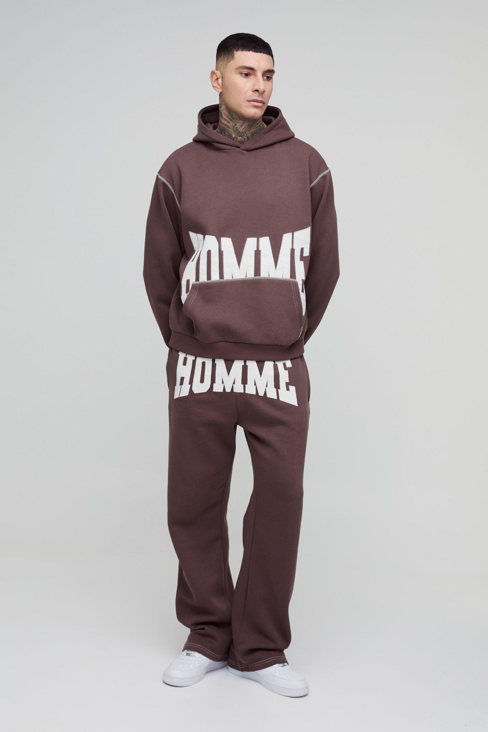 Tall Oversized Boxy Twill Applique Contrast Stitch Hooded Tracksuit | boohooMAN USA Product Image