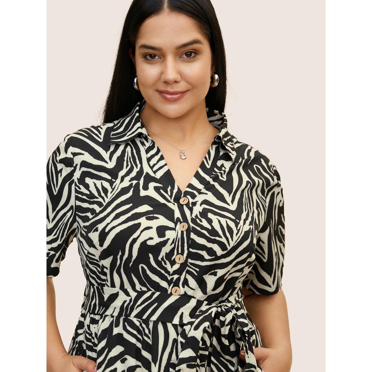 Plus Size Zebra Print Shirt Collar Belted Dress Black Women At the Office Belted Shirt collar Half Sleeve Curvy BloomChic 30/6X Product Image