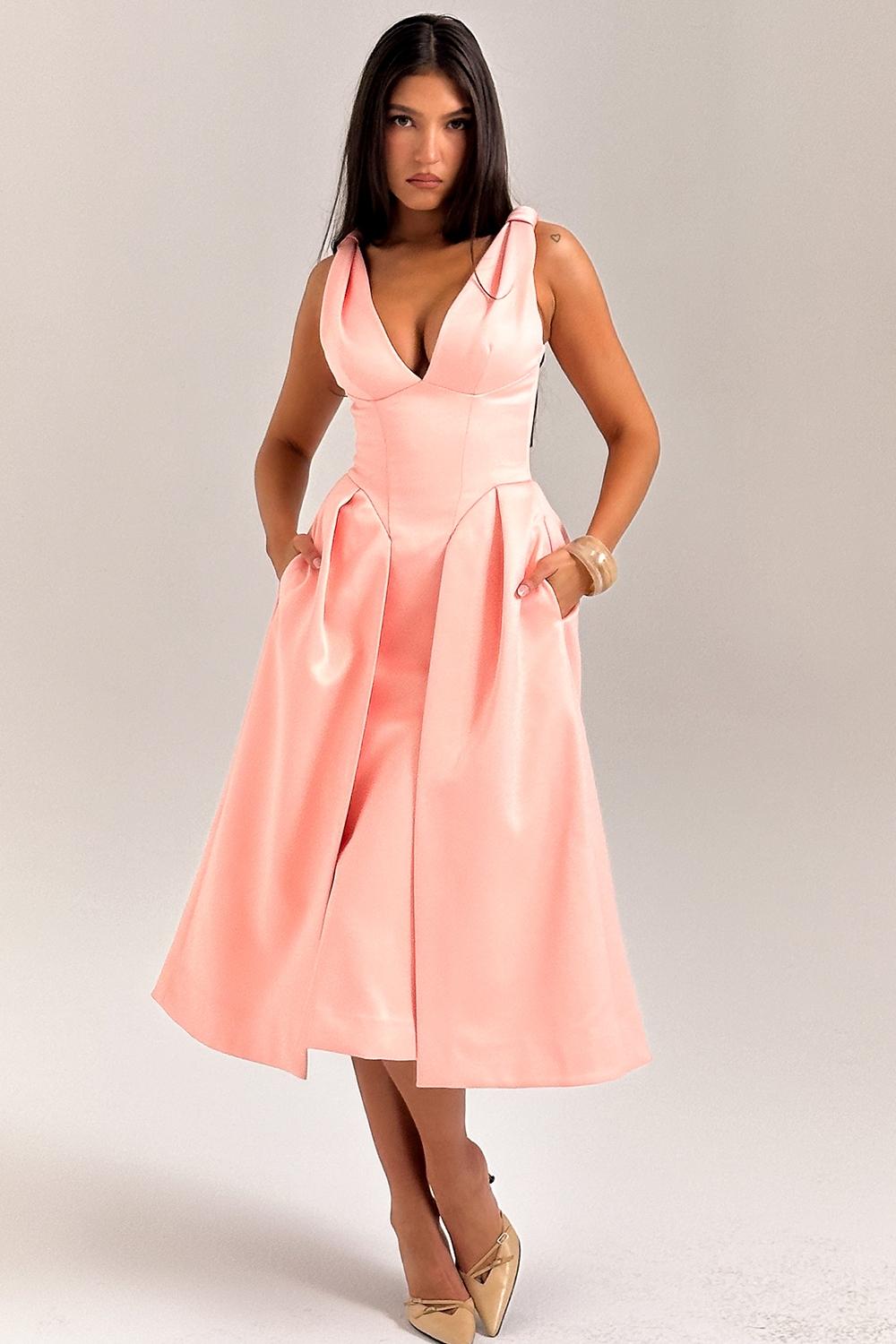 Paloma  peach satin pleated midi dress - sale Product Image