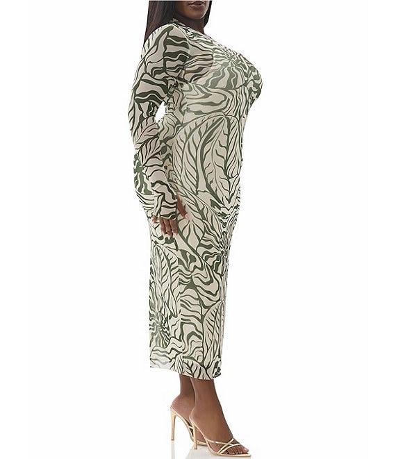 AFRM Plus Size Ashland Printed Mesh Crew Neck Long Sleeves Midi Dress Product Image