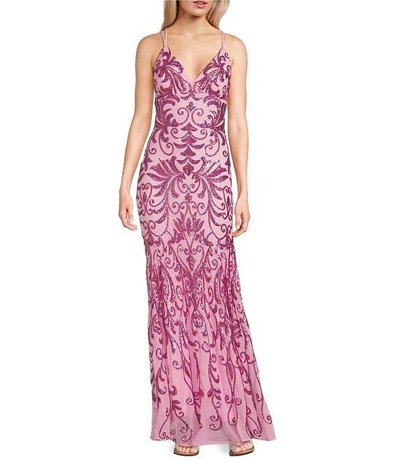 Morgan & Co. Sequin Pattern Contrast Beading V-Neck Spaghetti Strap Dress Product Image