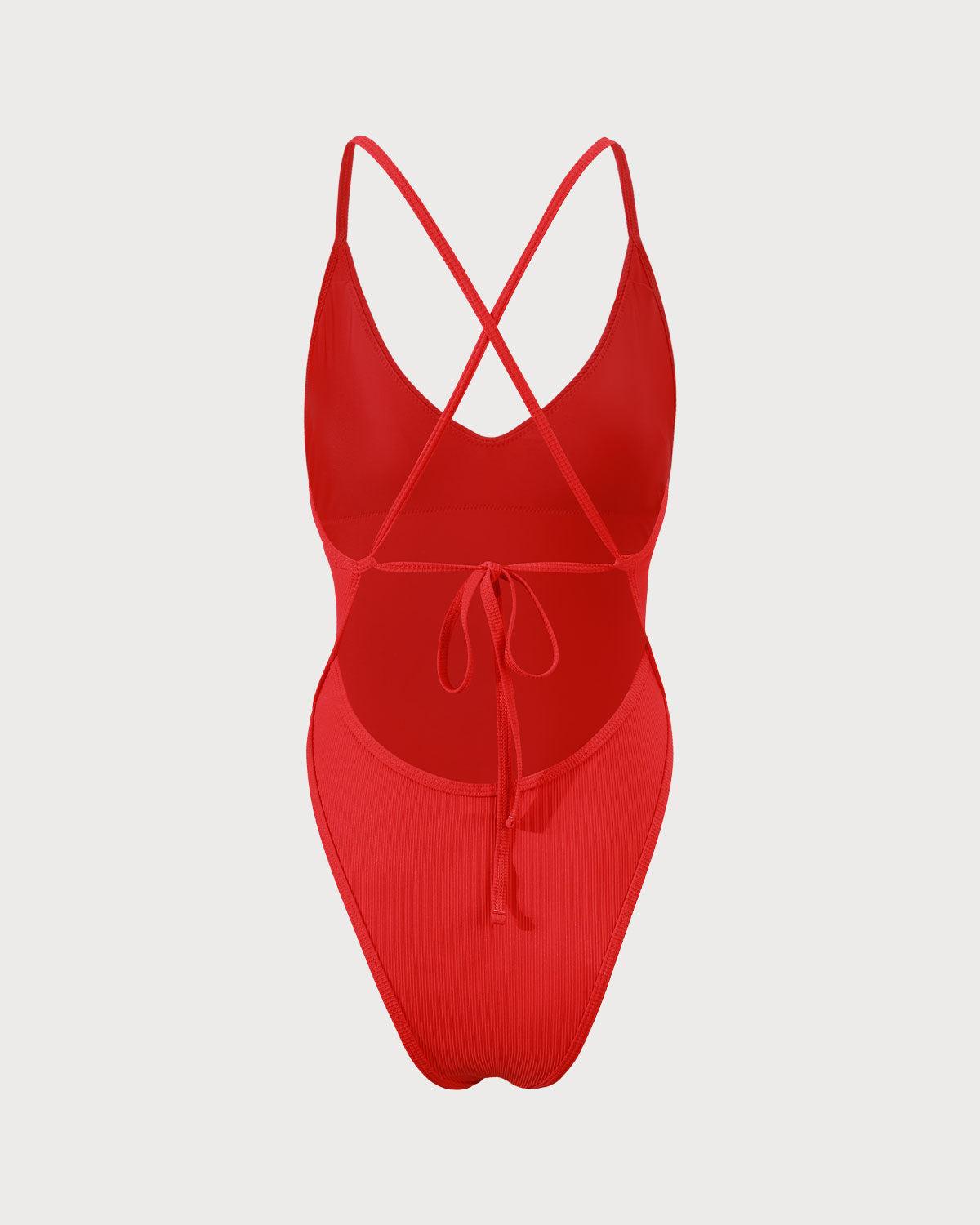 Red Ribbed Cross Back One Piece Swimwear Product Image