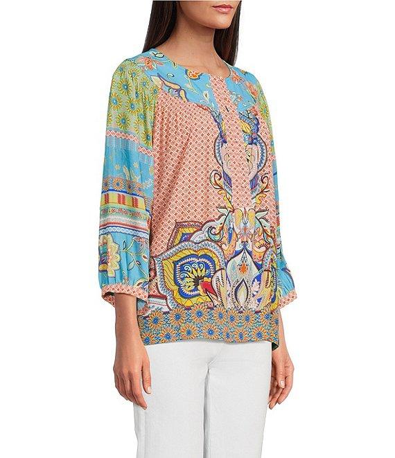 John Mark Petite Size Shirring Woven Printed Scoop Neck 3/4 Sleeve Top Product Image