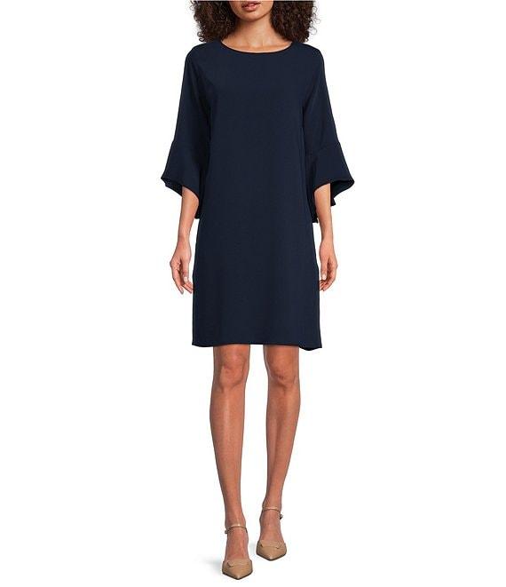 Caroline Rose Julia Matte Crepe 3/4 Ruffle Sleeve Shift Round Neck Shift Dress Product Image