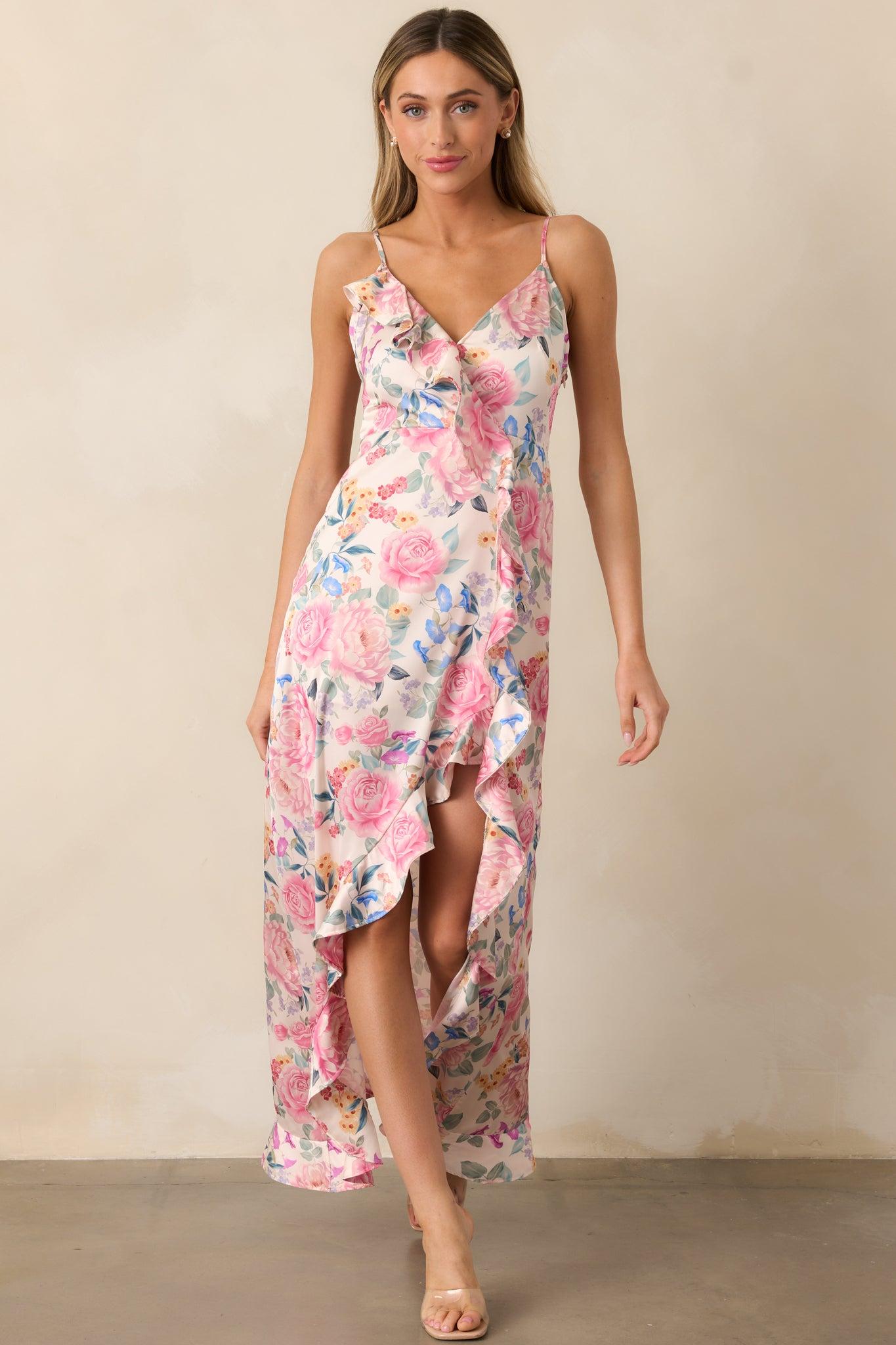 A Springtime Waltz Pink Multi Floral Ruffle Maxi Dress Product Image