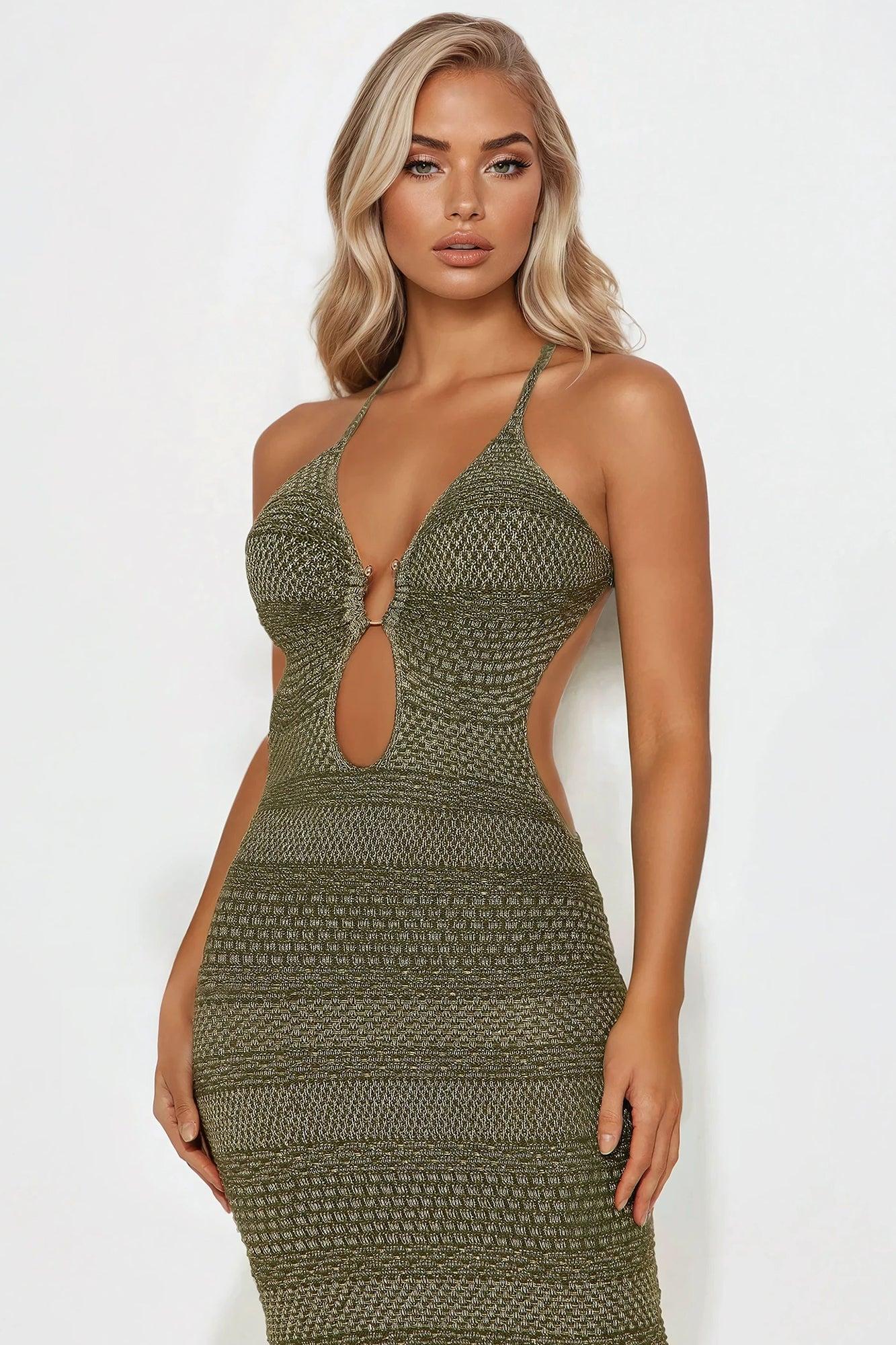 Ibiza Metallic Crochet Maxi Dress - Olive Product Image