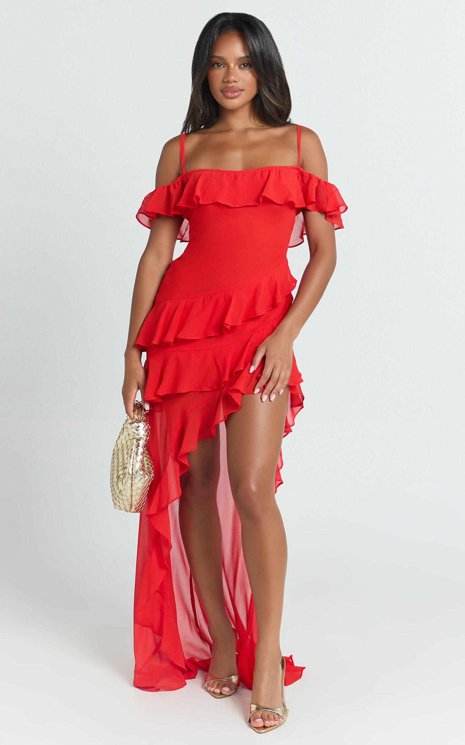 Brigitte Maxi Dress - Halter Off Shoulder Georgette Ruffle Tiered Dress in Red Product Image