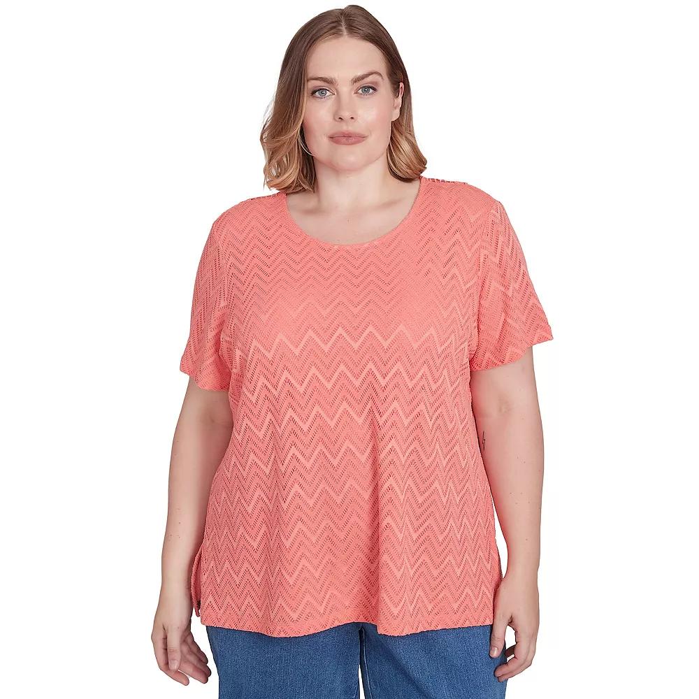 Plus Size Alfred Dunner Textured Chevron Lace Back Tee, Women's, Size: 3XL, Pink Product Image