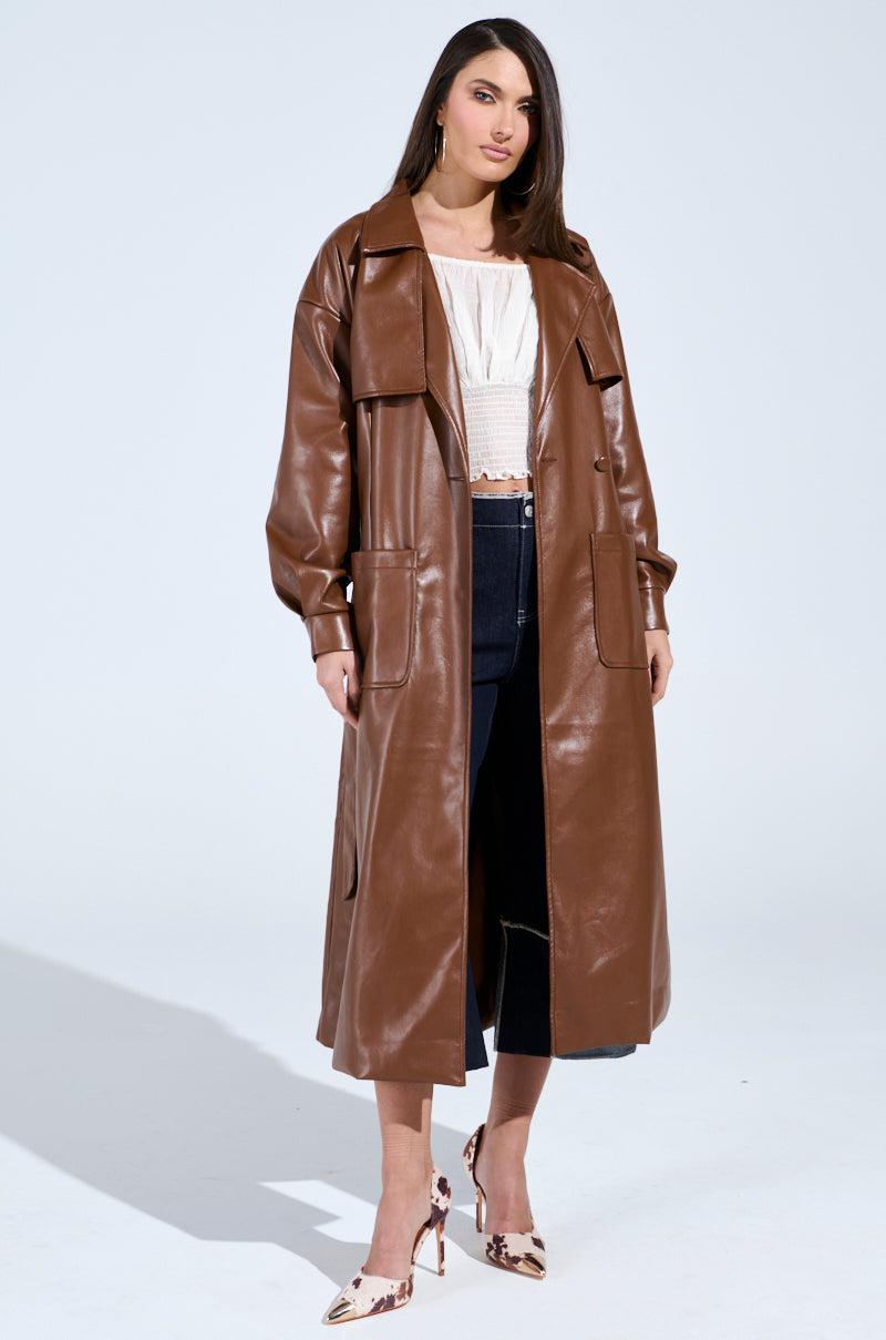 BUTTER LUXE FAUX LEATHER TRENCH IN BROWN Product Image