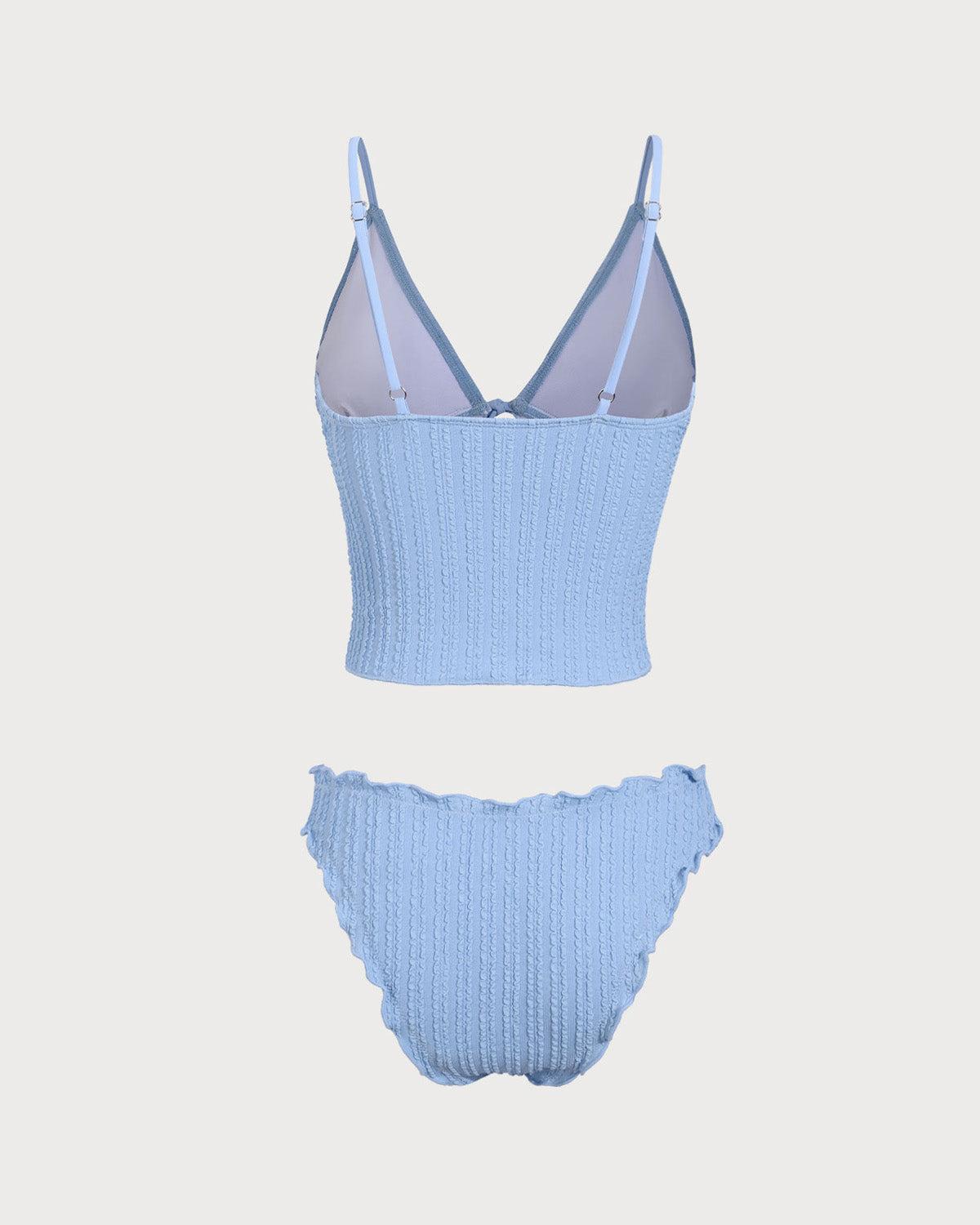 Blue Jacquard Tie-Front Tankini Swimsuit Product Image