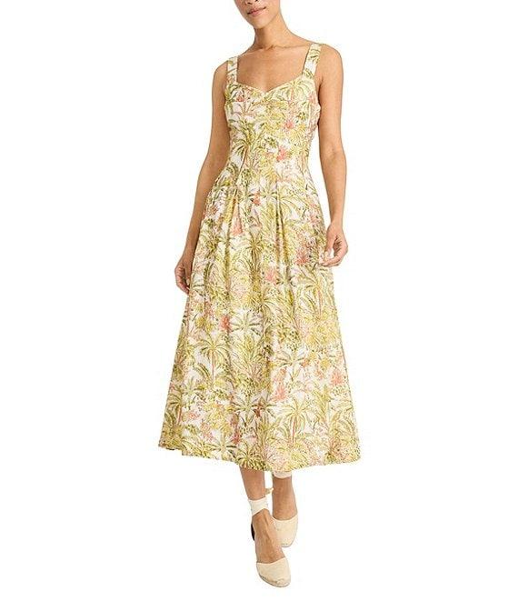Maggy London Sweetheart Neck Sleeveless Tropical Printed Tricot Drop Waist Midi Dress Product Image