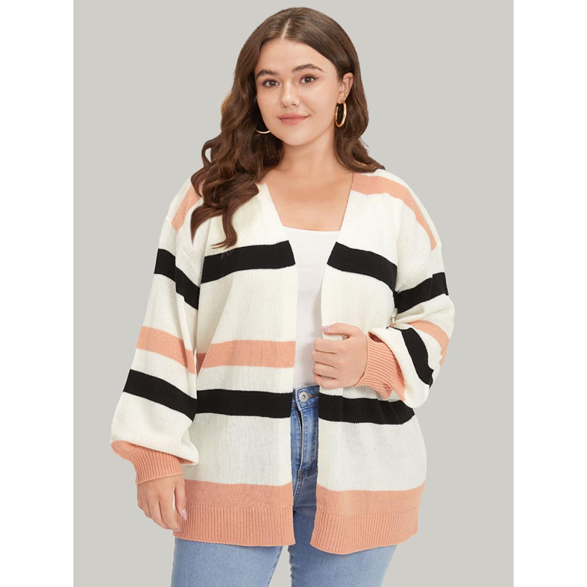 Plus Size Colorblock Contrast Elastic Cuffs Open Front Cardigan Multicolor Women Casual Loose Long Sleeve Dailywear Cardigans BloomChic 14-16/1X Product Image