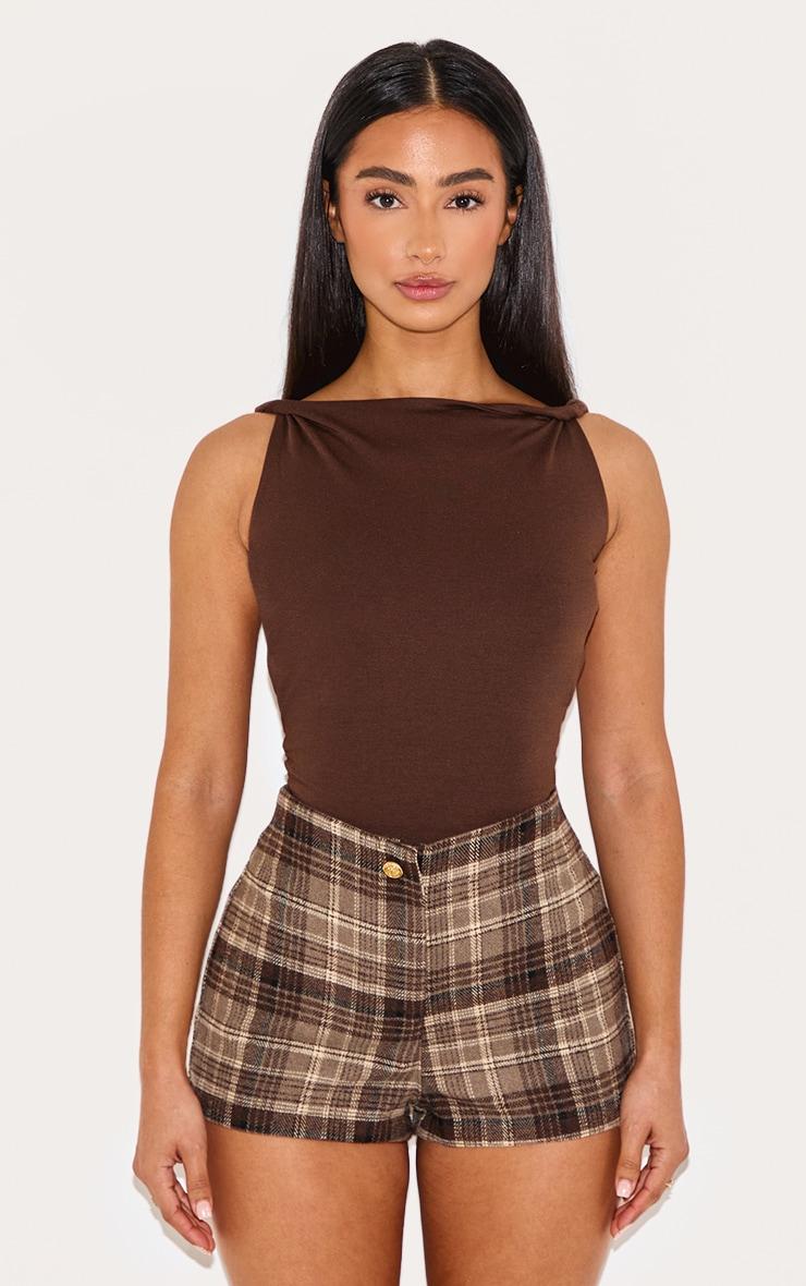 Petite Brown Check Tailored Mid Rise Shorts Product Image