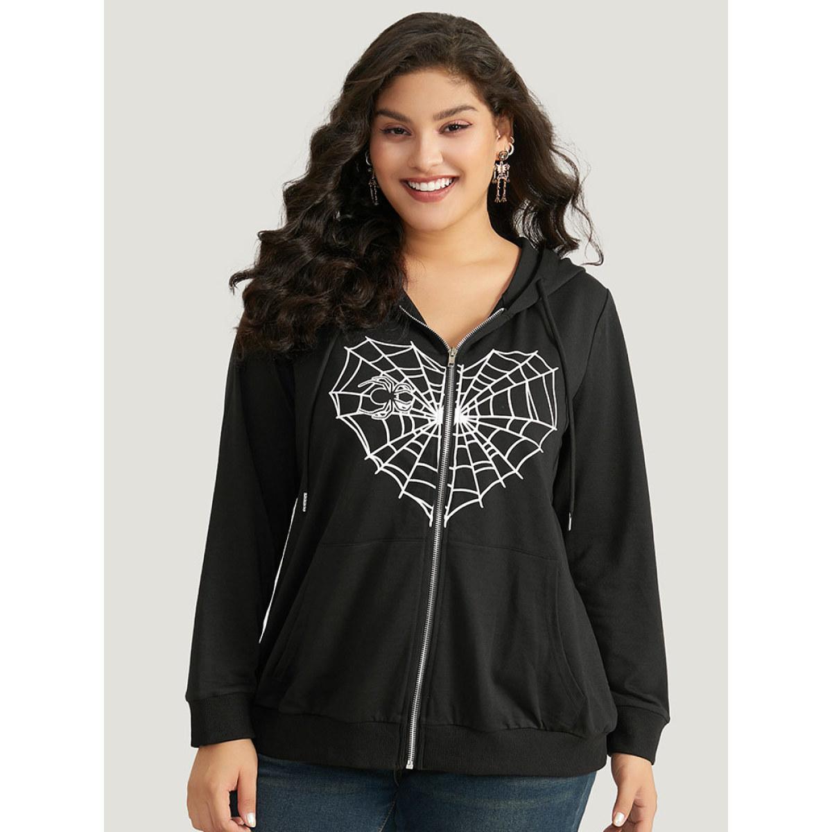 Plus Size Halloween Spider Web Print Pocket Zipper Sweatshirt Women Black Casual Elastic cuffs Festival-Halloween Sweatshirts BloomChic 28/5X Product Image