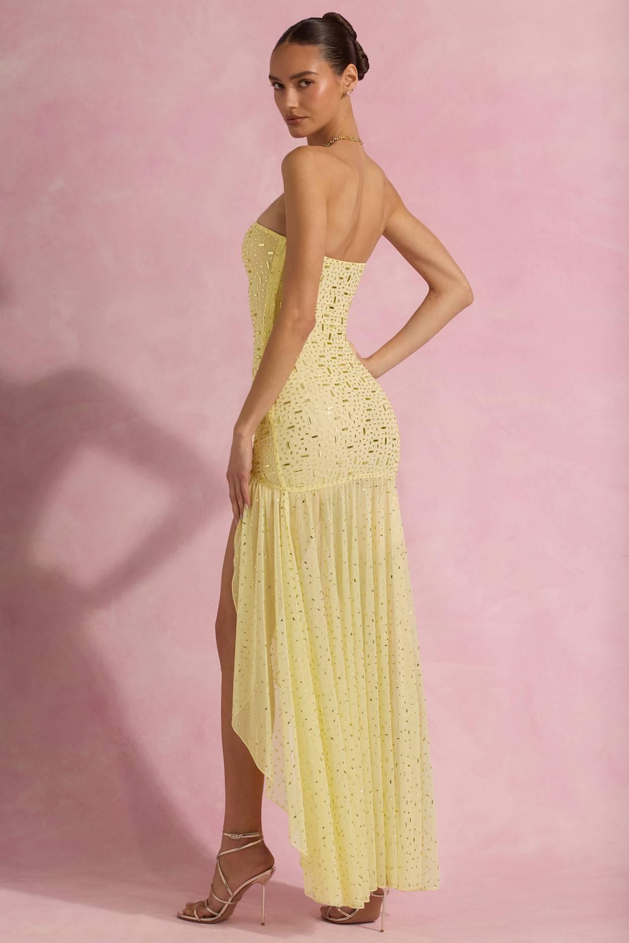 Semi-Sheer Embellished Asymmetric Maxi Dress in Yellow Product Image