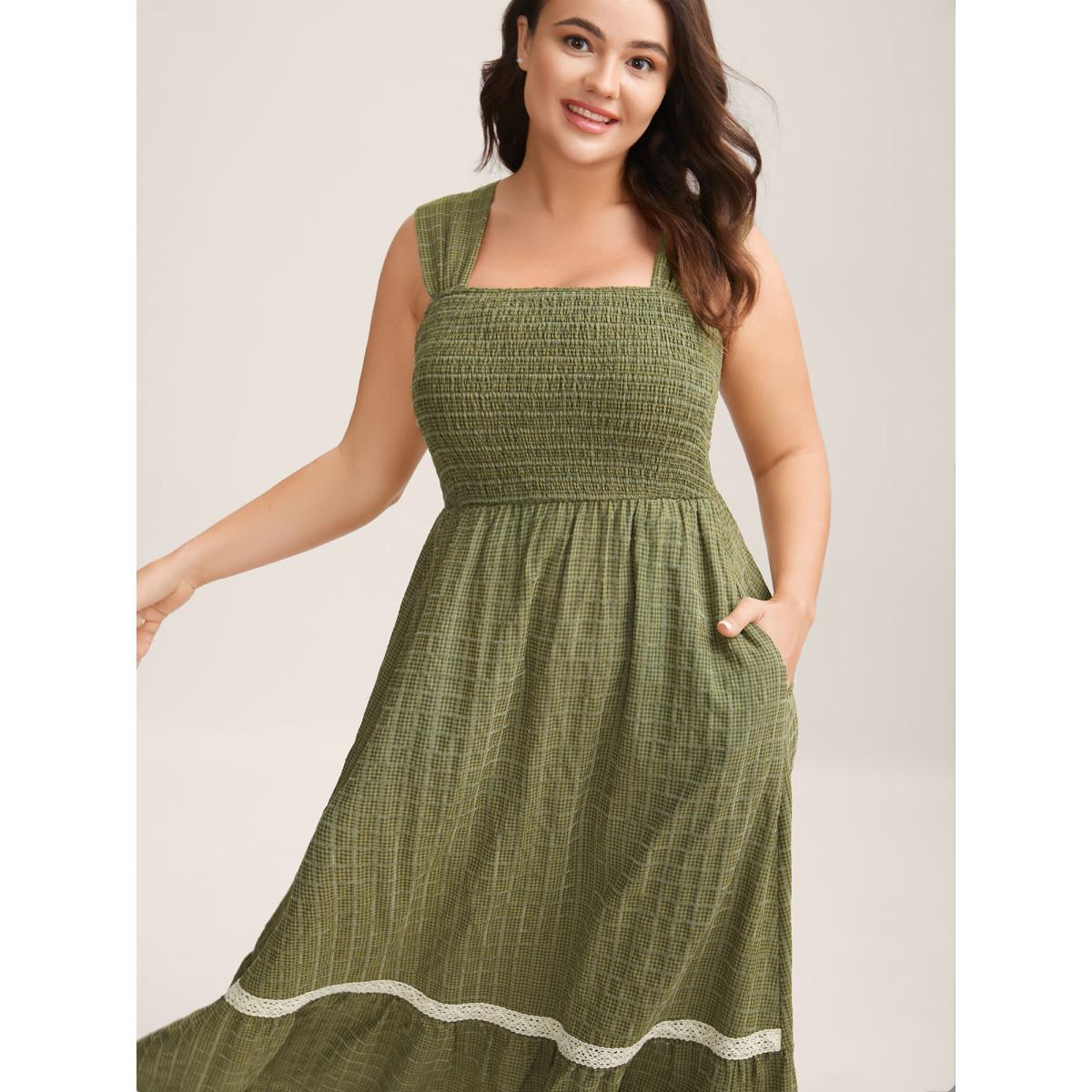 Plus Size Plaid Shirred Lace Trim Tiered Maxi Dress Moss Women Leisure Square Neck Cap Sleeve Curvy BloomChic 10/M Product Image