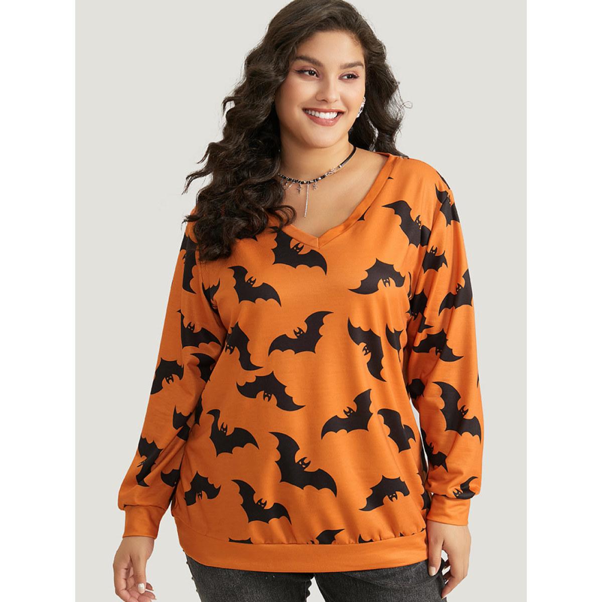 Plus Size Halloween Bat Print V Neck Sweatshirt Women OrangeRed Casual Elastic cuffs V-neck Festival-Halloween Sweatshirts BloomChic 10/M Product Image