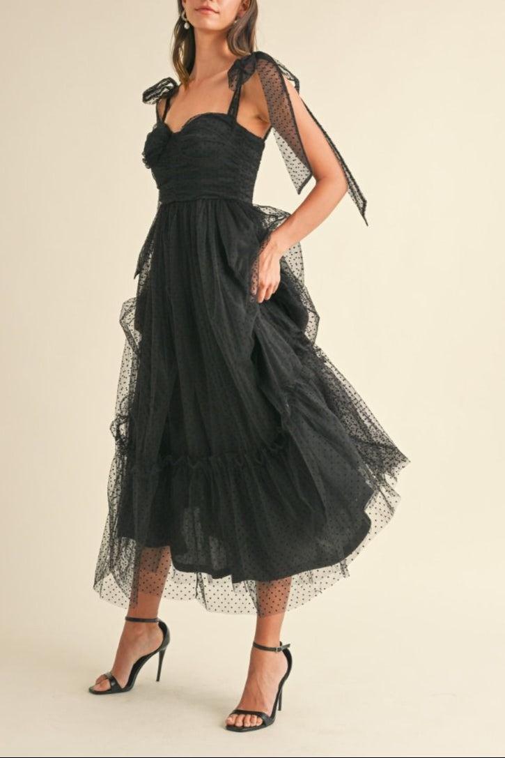 Polka Dot Mesh Tie Shoulder Midi Dress Product Image
