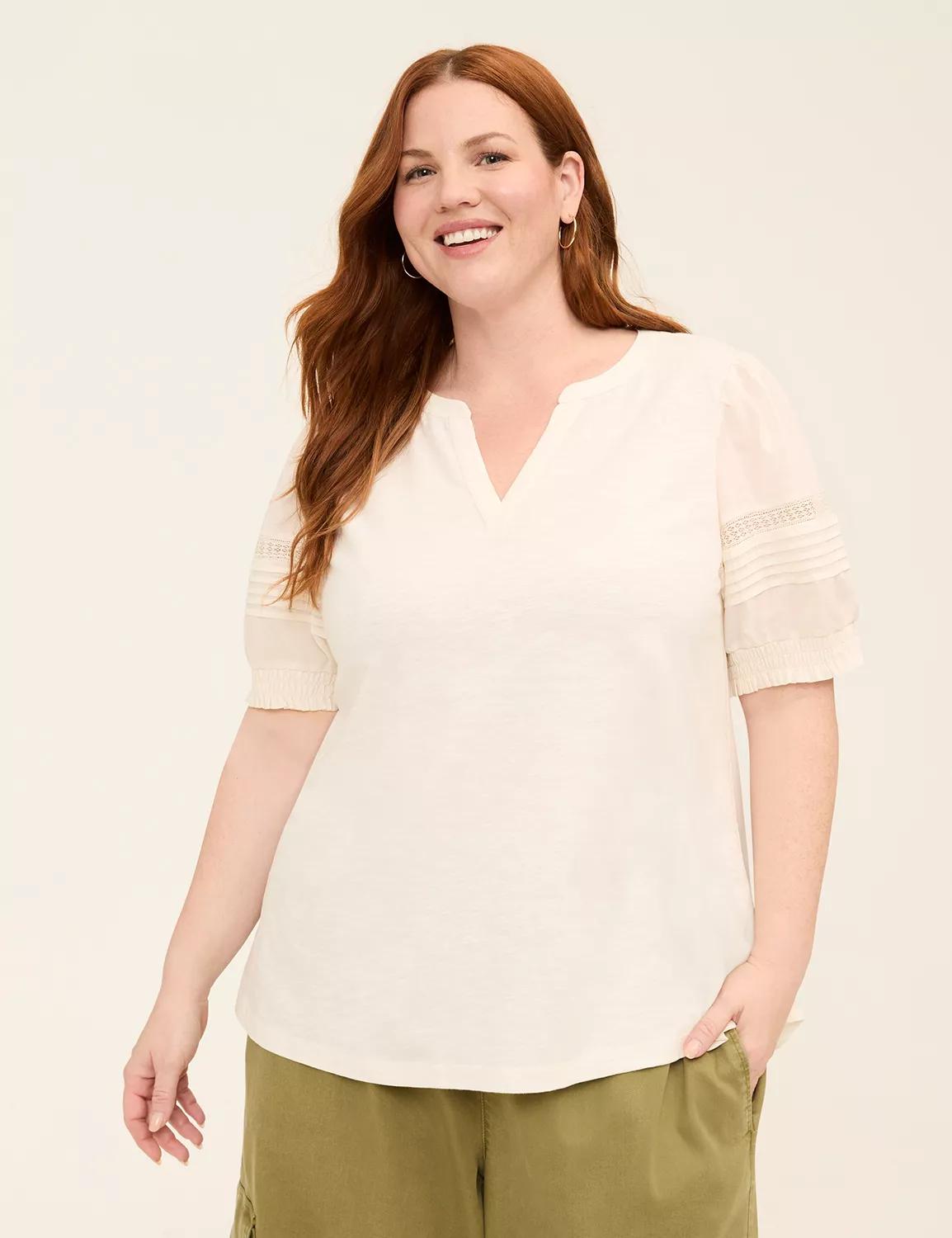 Woven & Knit Puff-Sleeve Notch-Neck Top Product Image