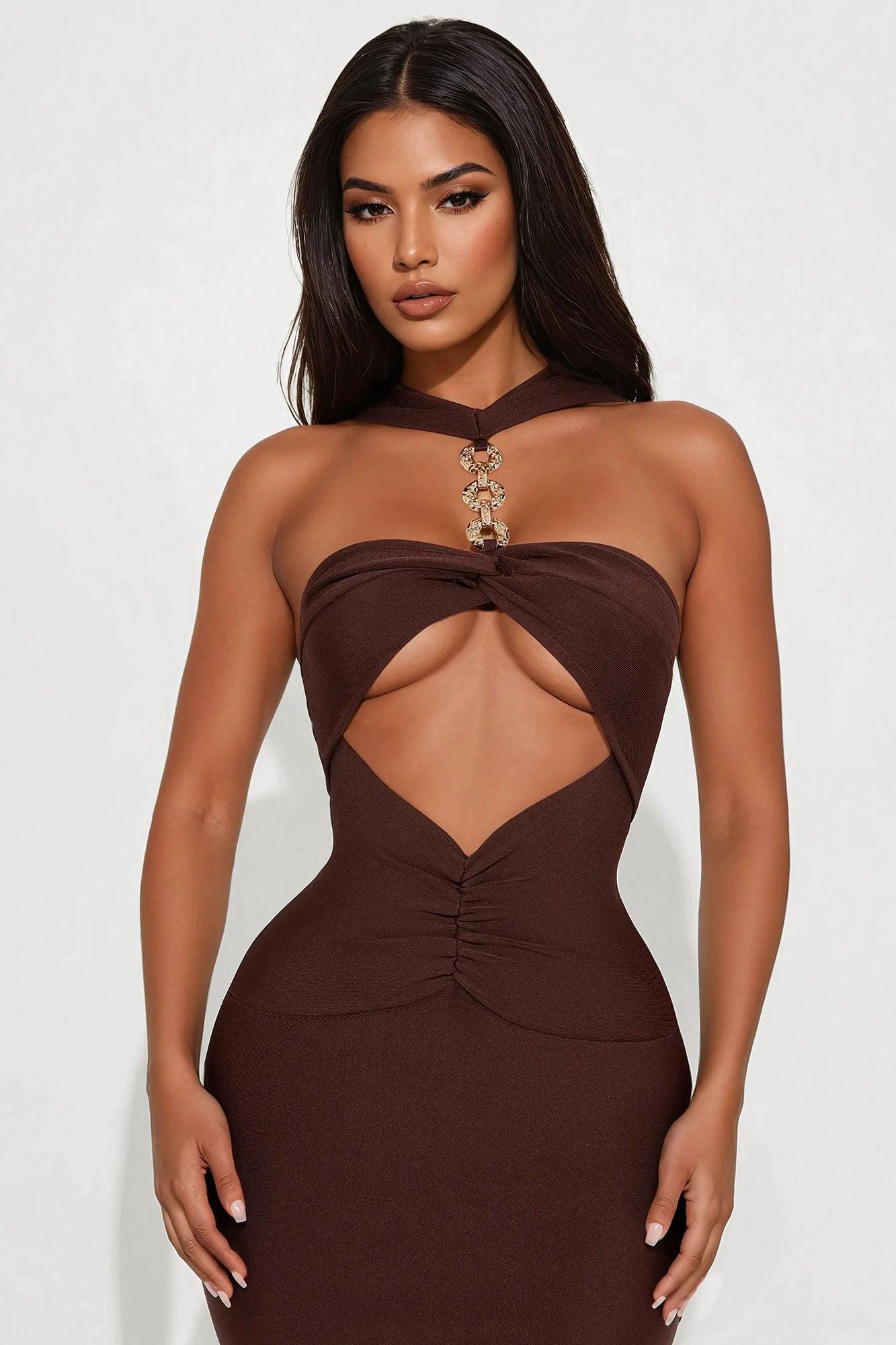 Still Her Ruched Bandage Midi Dress - Chocolate Product Image