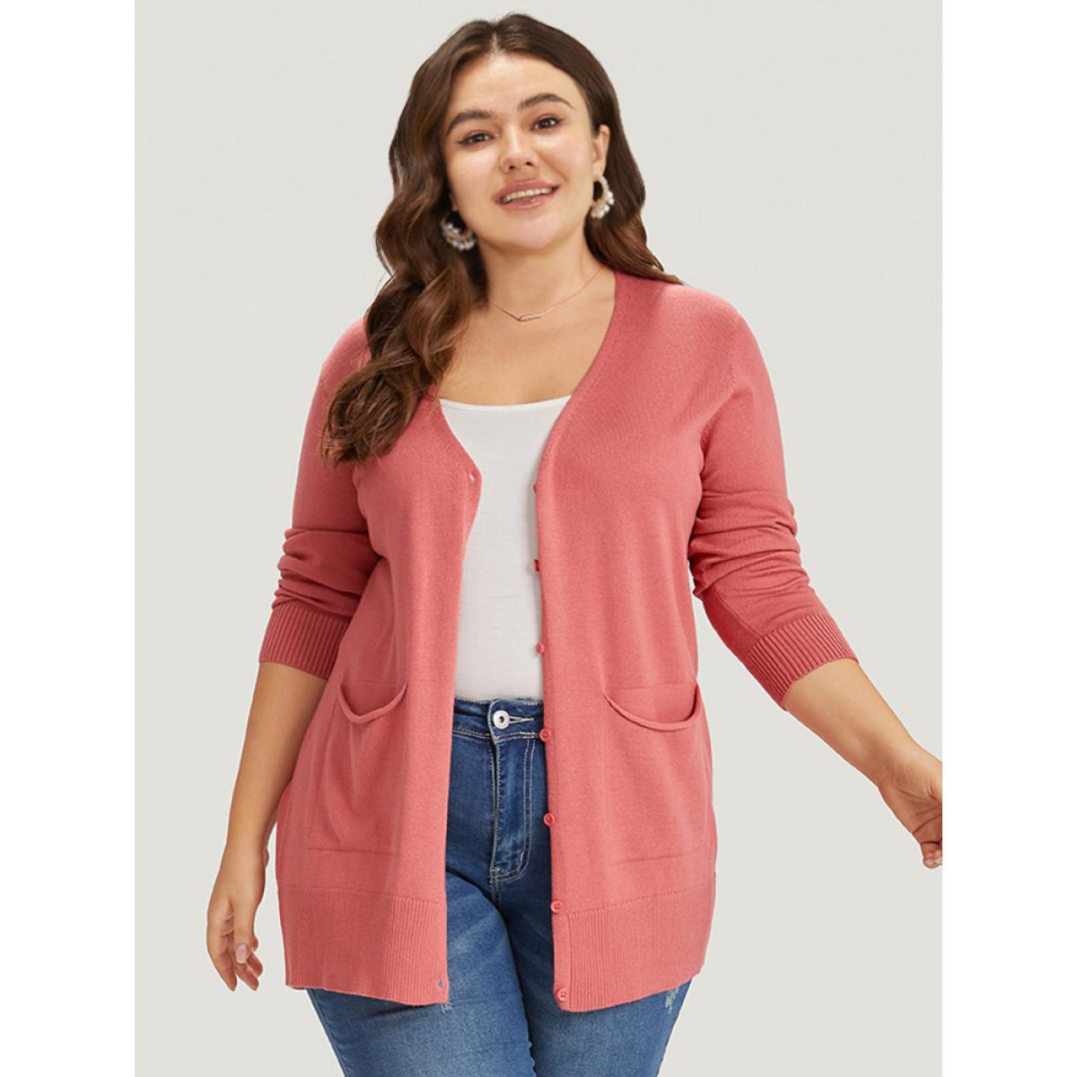 Plus Size Supersoft Essentials Solid Button Down Patched Pocket Cardigan Russet Women Casual Loose Long Sleeve Everyday Cardigans BloomChic 26/4X Product Image