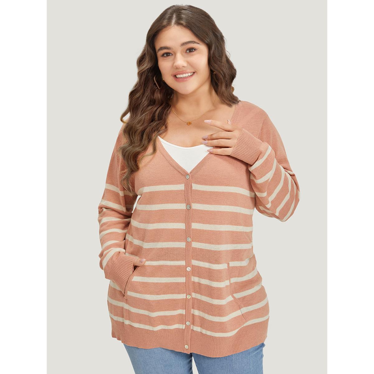 Plus Size Supersoft Essentials Striped Pocket Button Through Cardigan Crepe Women Leisure Loose Long Sleeve Casual Cardigans BloomChic 22-24/3X Product Image