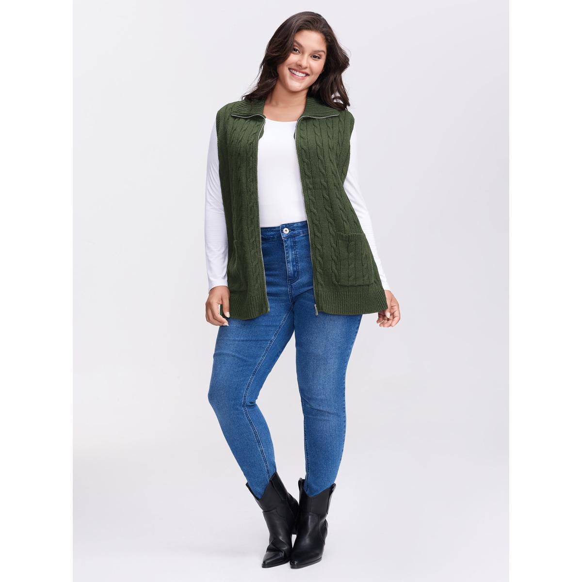 Plus Size Cable Zipper Sleeveless Knit Cardigan ArmyGreen Women Leisure Loose Sleeveless Casual Cardigans BloomChic 14-16/1X Product Image