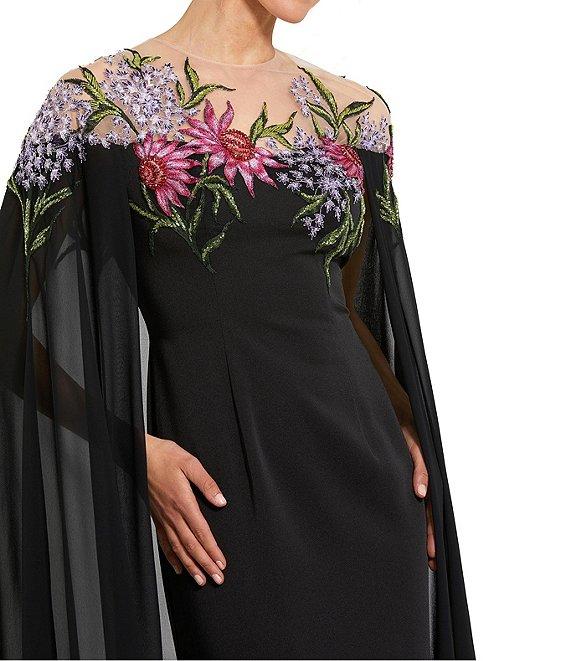 Mac Duggal Floral Beaded Embroidered Illusion Crew Neck Long Sheer Cape Gown Product Image