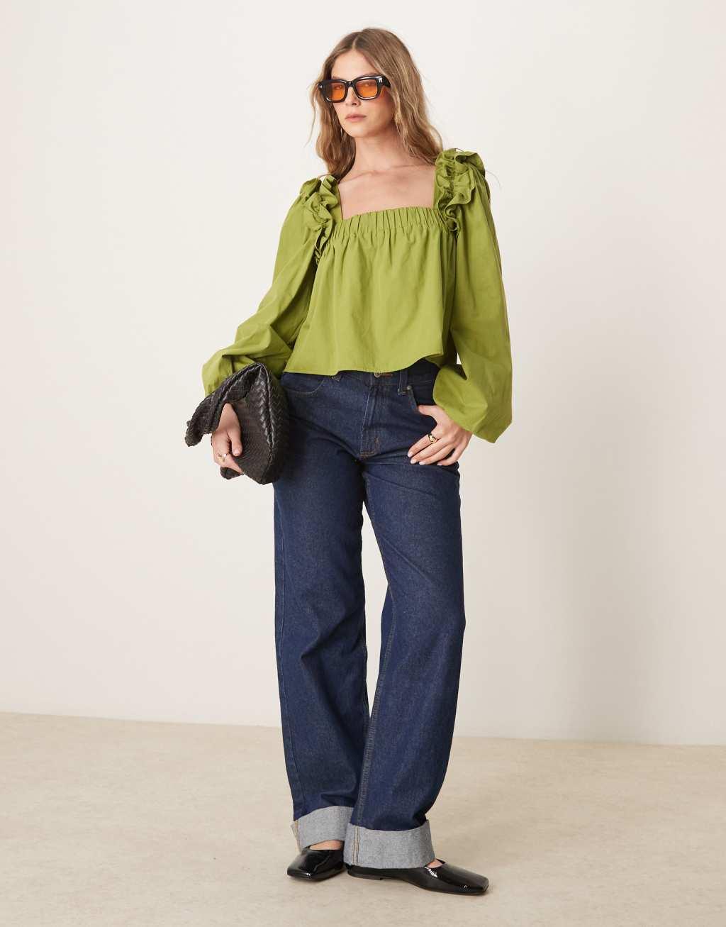ASOS DESIGN poplin ruffle trapeze blouse in olive green Product Image