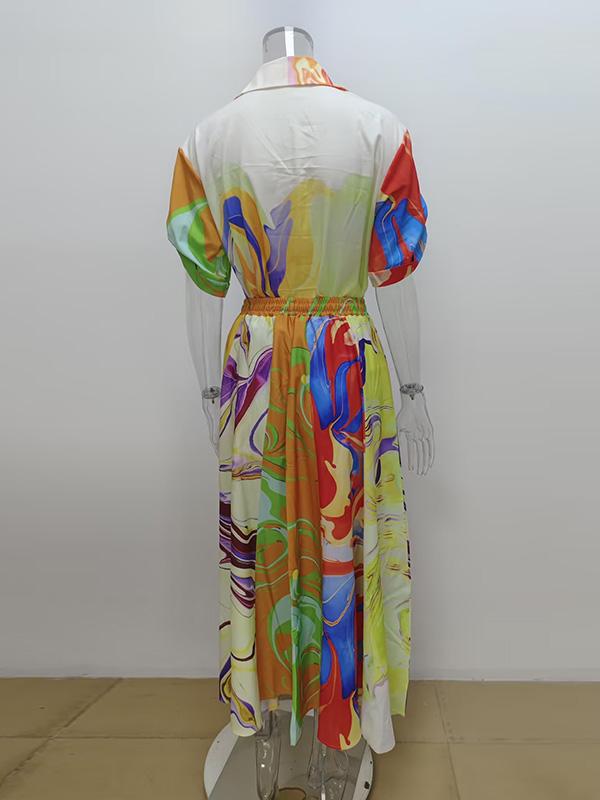 Loose Asymmetric Printed Lapel Blouse + A-Line Drawstring Elasticity Skirt Two Pieces Set Product Image