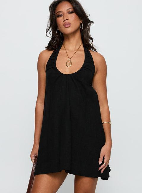 Daydreams Linen Blend Halter Mini Dress Black Product Image