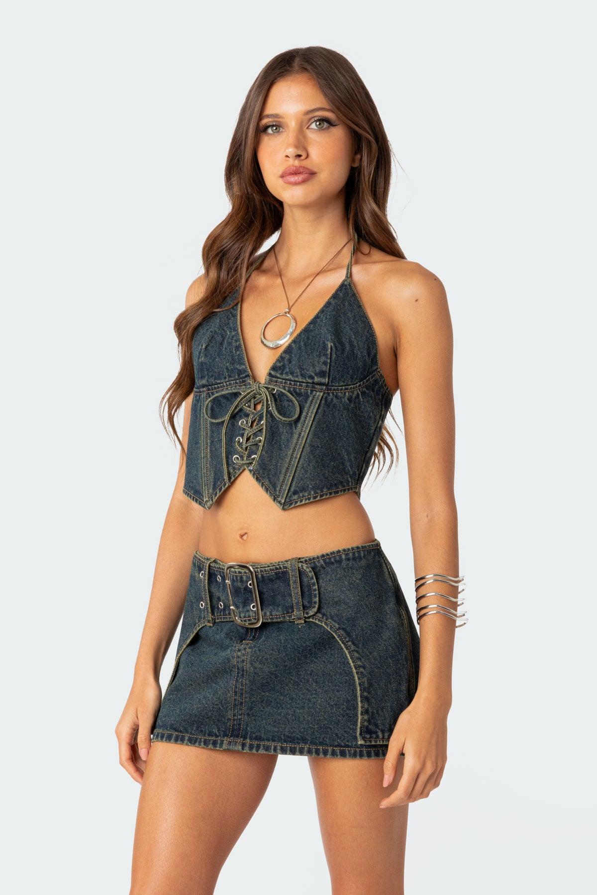 Elara Washed Denim Lace Up Corset Product Image
